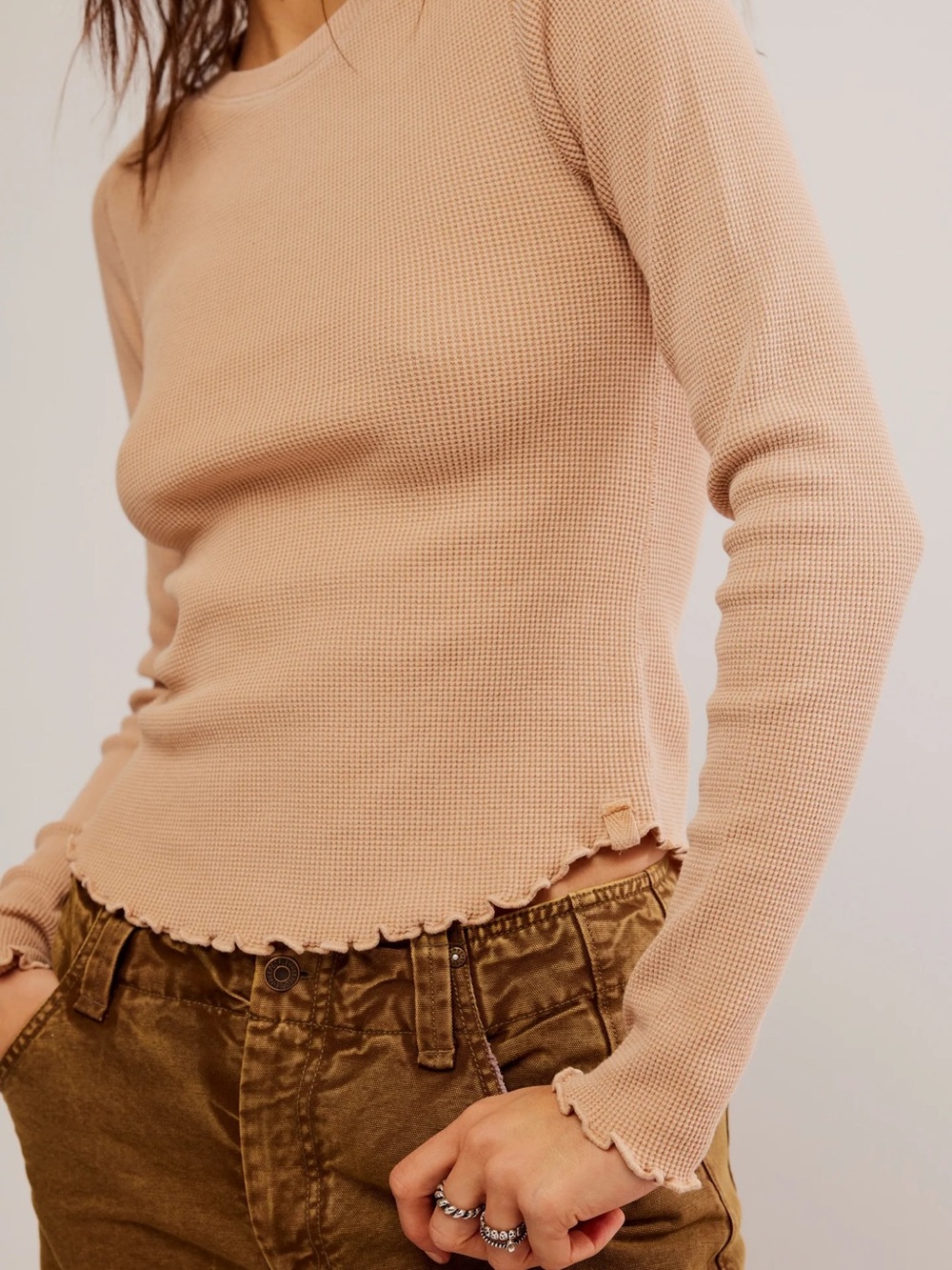 We The Free Easy Does It Tee Long-Sleeve Waffle Knit Top in tan